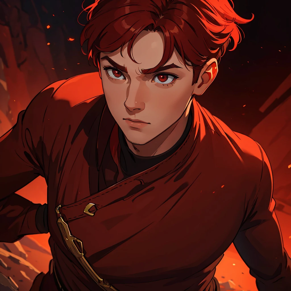 a boy with short red hair, red eyes, calm expression, brown outfit, red background, (best quality,4k,8k,highres,masterpiece:1.2),ultra-detailed,(realistic,photorealistic,photo-realistic:1.37),intricate details,hyperrealistic,sharp focus,highly detailed face,extremely detailed eyes and facial features,cinematic lighting,dramatic lighting,vibrant colors,warm tones