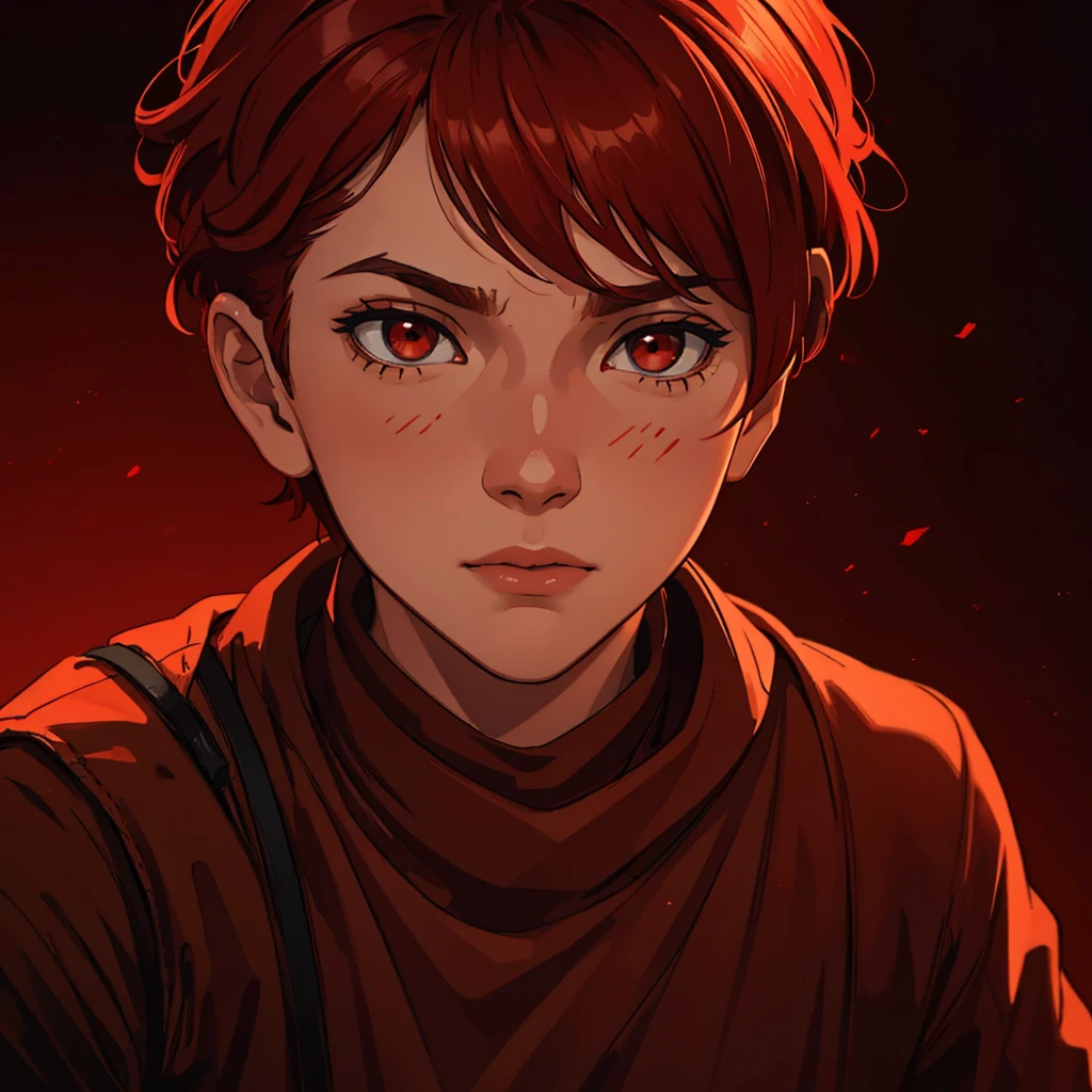 a boy with short red hair, red eyes, calm expression, brown outfit, red background, (best quality,4k,8k,highres,masterpiece:1.2),ultra-detailed,(realistic,photorealistic,photo-realistic:1.37),intricate details,hyperrealistic,sharp focus,highly detailed face,extremely detailed eyes and facial features,cinematic lighting,dramatic lighting,vibrant colors,warm tones