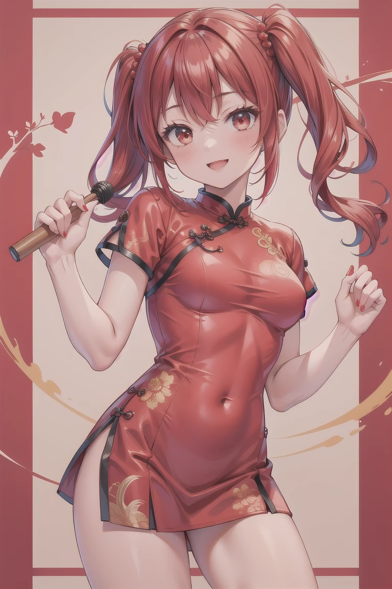 Chinese girl, medium breasts, red Cheongsam, reddish brown twin tail hair, smile