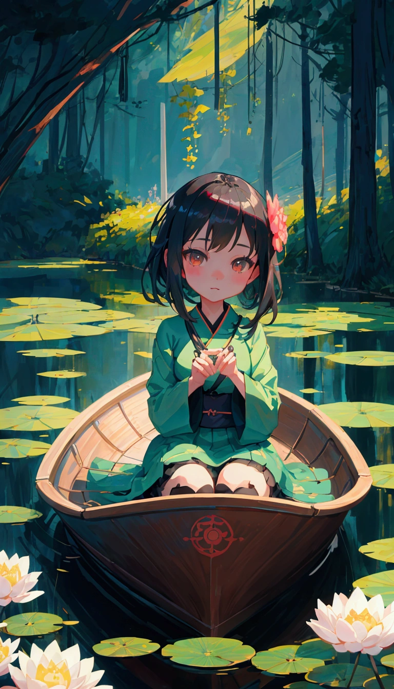 There is a girl sitting on a boat in the pond, Lovely and detailed digital art, Cute numbers, guweiz style artwork, Cute numbers艺术, Digital Anime Illustration, Beautiful digital illustrations, Beautiful digital artwork, Anime style digital art, Advanced Digital Chibi Art, Loish et WLOP, Stylized anime, Artgerm 和 Atey Ghailan