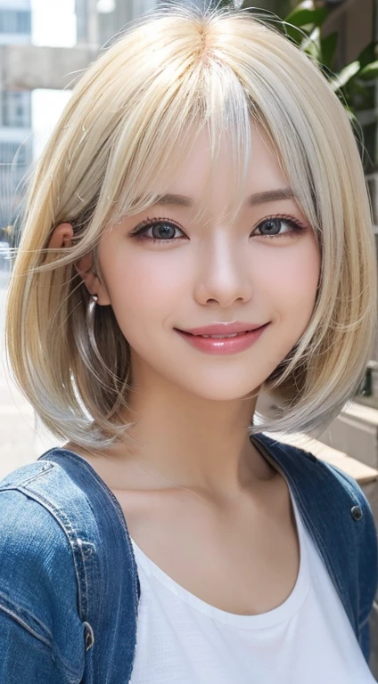 Happy smile seeing this、In the city、(Highest quality,8K quality,masterpiece:1.3,),(Ultra-high resolution:1.3,Realistic:1.4,RAW Photos:1.2),(Very detailed:1.2,Glowing Skin,Detailed skin:1.1),(Detailed face,Perfect Anatomy,Caustics:1.2),,1 girl,cute,Japanese,1,Japanese Ido,blonde hair, [(gradient hair from blonde to silver:1.4):0.4], medium hair,Curl short hair outward,cute目,Natural Makeup,bright casual clothes,Laughter,Looking into the camera,On the face,Face Focus,Professional Lighting,Natural soft light,