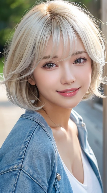 Happy smile seeing this、In the city、(Highest quality,8K quality,masterpiece:1.3,),(Ultra-high resolution:1.3,Realistic:1.4,RAW Photos:1.2),(Very detailed:1.2,Glowing Skin,Detailed skin:1.1),(Detailed face,Perfect Anatomy,Caustics:1.2),,1 girl,cute,Japanese,1,Japanese Ido,blonde hair, [(gradient hair from blonde to silver:1.4):0.4], medium hair,Curl short hair outward,cute目,Natural Makeup,bright casual clothes,Laughter,Looking into the camera,On the face,Face Focus,Professional Lighting,Natural soft light,