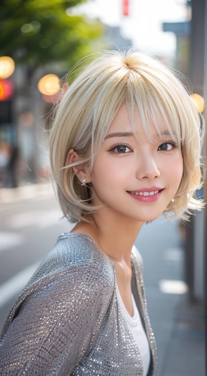 Happy smile seeing this、In the city、(Highest quality,8K quality,masterpiece:1.3,),(Ultra-high resolution:1.3,Realistic:1.4,RAW Photos:1.2),(Very detailed:1.2,Glowing Skin,Detailed skin:1.1),(Detailed face,Perfect Anatomy,Caustics:1.2),,1 girl,cute,Japanese,1,Japanese Ido,blonde hair, [(gradient hair from blonde to silver:1.4):0.4], medium hair,Curl short hair outward,cute目,Natural Makeup,bright casual clothes,Laughter,Looking into the camera,On the face,Face Focus,Professional Lighting,Natural soft light,