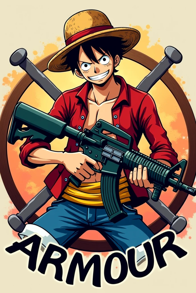 Create a logo of monkey d luffy from one piece holding a M4A1 GUM and background make a circle and write ARMOUR