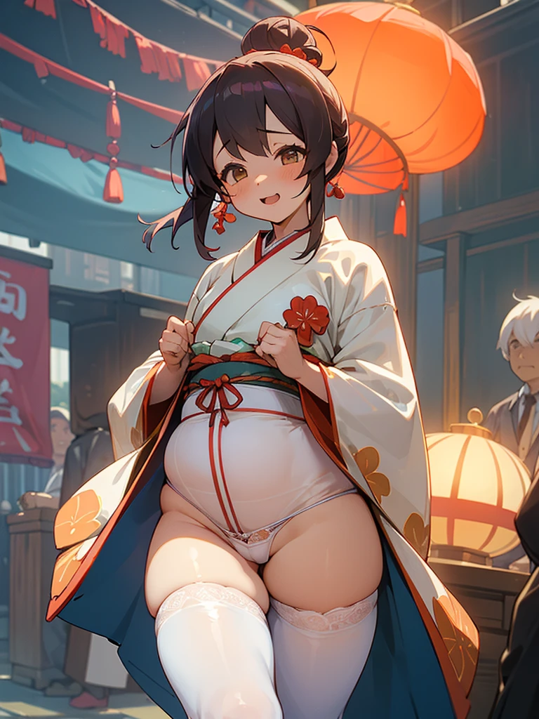 ((A plump and squishy lady:1.3)),((surprise!!:1.3)),(((Women's Lace Panties,((open crotch pantie)),transparent,Erotic lingerie,Big size,Open crotch underwear))),Highest quality、High resolution、Detailed Background、(Beautiful face in every detail:1.4)、"A young Japanese girl enjoying the traditional Sanja Matsuri festival. She is wearing a vibrant blue and white 'happi' coat, a traditional Japanese festival attire, adorned with festive symbols and patterns. The girl has a joyful expression, her hair tied in a neat bun, with a few strands peeking out. She is surrounded by the lively atmosphere of the festival, with colorful lanterns, banners, and crowds of people in the background. The streets are bustling with energy, and the sky is clear and bright, adding to the festive spirit. The girl is holding a small, traditional festival fan, and you can see a float (Mikoshi) being carried in the distance, with participants in similar attire cheering and chanting."