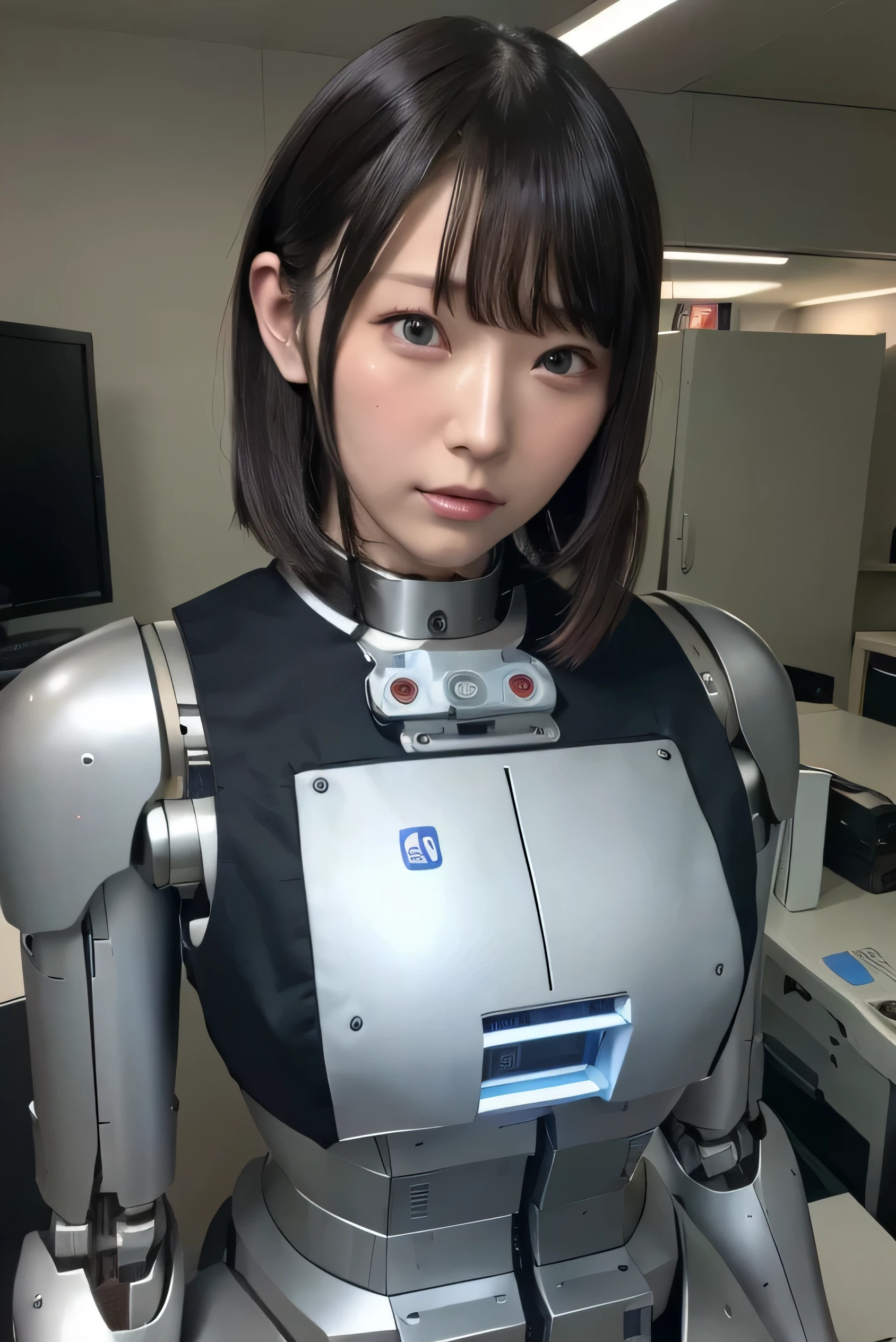 masterpiece, best quality, extremely detailed, Japaese android girl,Plump , control panels,android,Droid,Mechanical Hand, Robot arms and legs, Black Robot Parts,Black hair,Mechanical body,Blunt bangs,White robotics parts,perfect robot girl,future information counter,reception,long tube,thick cable connected her neck,ceramic body ,mechanical body,mechanical costume,android,robot,humanoid,cyborg,information office,japanese android receptionist ,mechanical chest,blue eyes,office-lady