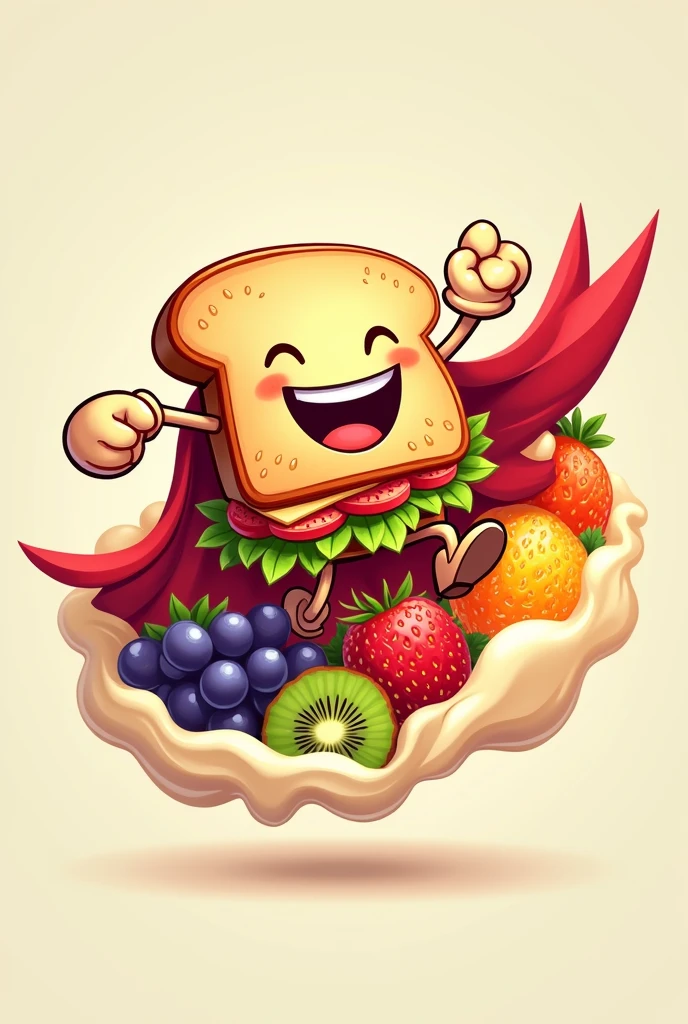 make me a logo for a fruit sandwich with cream where the sandwich is flying like Superman but there is no Superman logo Behind the sandwich there is cream and fruit such as strawberries, grapes and kiwi the sandwich is flying has hands and feet cream and fruit on the back of the sandwich there's a lot of cream create a logo