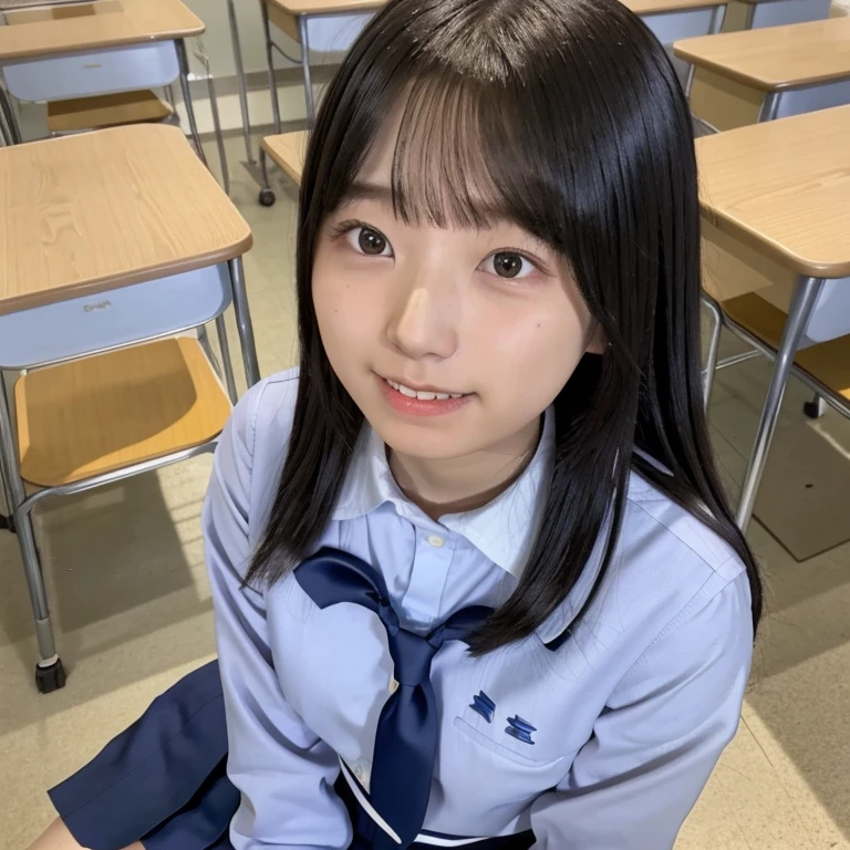 A high school girl in a school uniform is standing inside a classroom, smiling gently while looking directly at the viewer. She has neatly styled hair and is wearing a traditional school uniform with a pleated skirt and a sailor collar. The classroom is brightly lit, with desks and chairs arranged in rows and a chalkboard in the background. The atmosphere is warm and inviting, creating a sense of comfort and familiarity.
