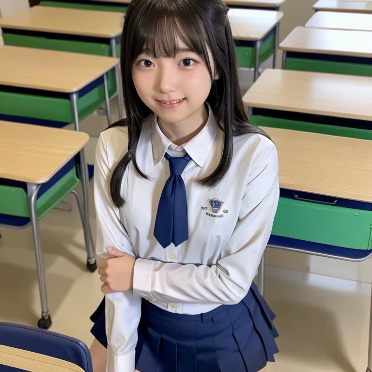 A high school girl in a school uniform is standing inside a classroom, smiling gently while looking directly at the viewer. She has neatly styled hair and is wearing a traditional school uniform with a pleated skirt and a sailor collar. The classroom is brightly lit, with desks and chairs arranged in rows and a chalkboard in the background. The atmosphere is warm and inviting, creating a sense of comfort and familiarity.