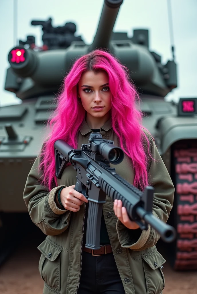 1 with an exuberant beauty, longye hair, bright pink wavy hair, with a rifle in his hand and looking at the viewer with piercing eyes. in the background there is a huge war tank with tracked wheels and some pink details, the tank has a light sign that says “FMS”