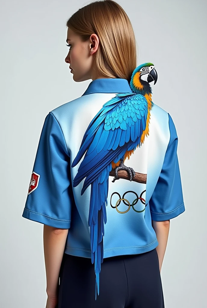Create a Front and Back Half Sleeve Interclass Blouse (coasts) containing a blue macaw ,the olympic rings , school name (objective) and small silver details
