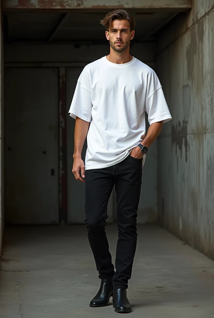 Create a male model of urban clothing with a white wide t-shirt and black jeans, the full-body model