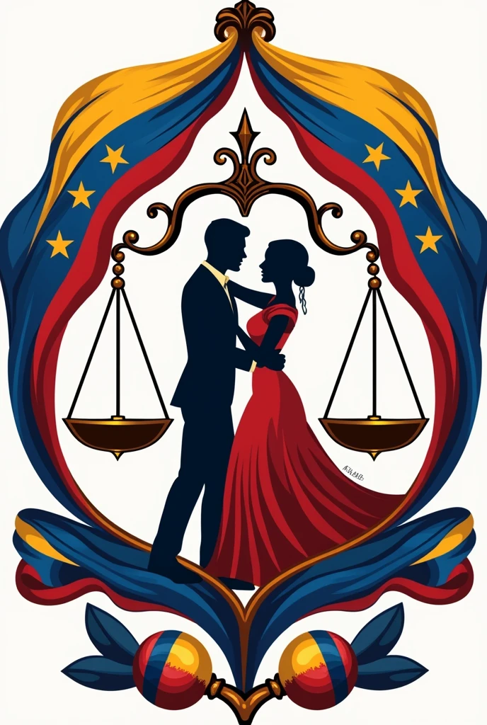 A logo of the Folklorist Lawyers of Venezuela with the flag of Venezuela on both sides, with the harp, four and maracas from Venezuela and the scale of lawyers and a couple dancing
