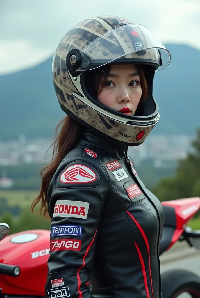 realistic, cinematic scene, very beautiful Japanese high school girl, standing next to the luxury motorcycle, at scenic driveway, amazing view of mountain with metropolitan at the valley, dramatic scene, masterpiece, (face focus:1.3), clear helmet visor, beautiful eyes, Honda Gold Wing, stylish patterned Shoei helmet, (wearing leather suits for motorcycle race with many sponsor's logos), (shoot from behind:1.3), beautiful and sexy hip line, smile