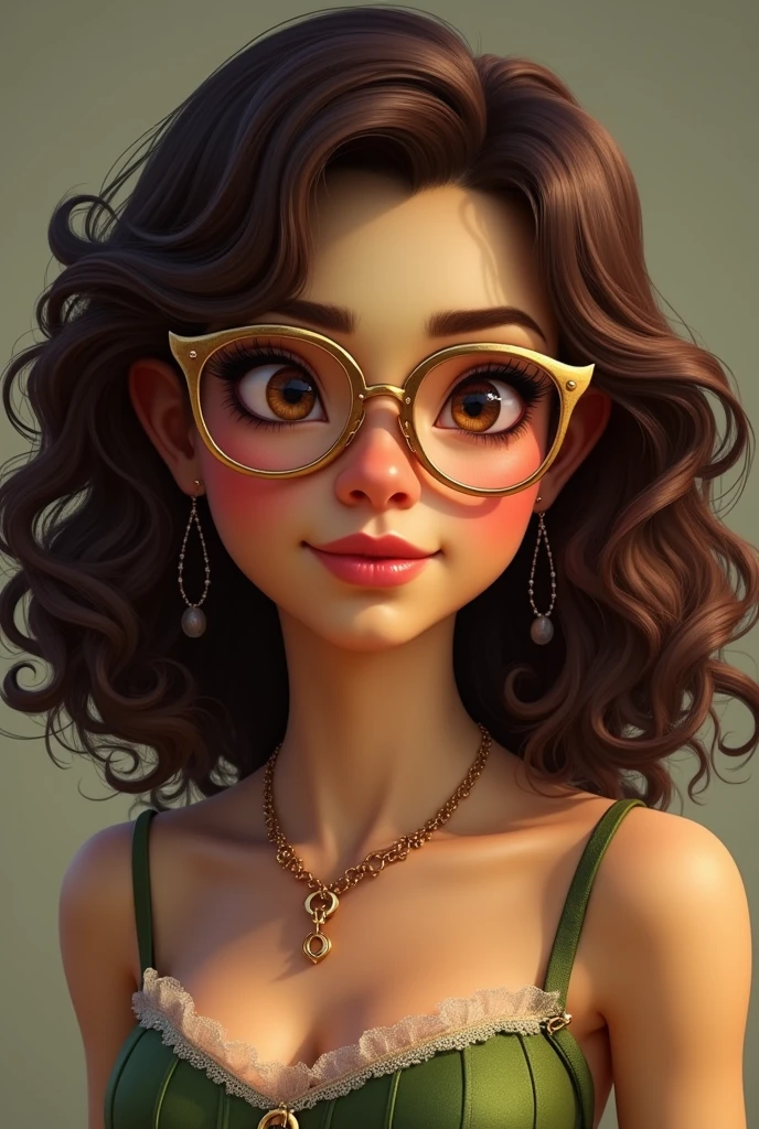 Brunetette, curly curly shoulder length hair, eyes browns, drawn lips, wearing golden glasses dressed as fiona