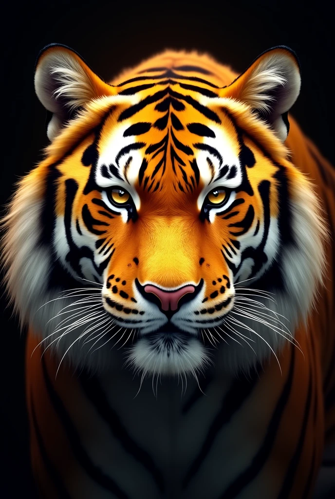 A close-up image of a tiger's face, where the tiger stares directly into the viewer's eyes with a serious and firm expression. The tiger's fur is golden and shines like gold. The background is black, emphasizing the tiger. The ART style is semi-realistic . The image should not contain any words or numbers.