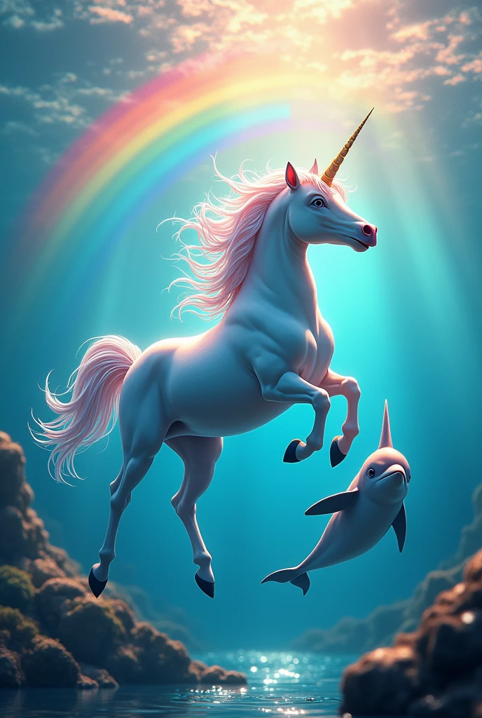 Imagine a unicorn with a dolphin in the water with a rainbow in the background with lots of color