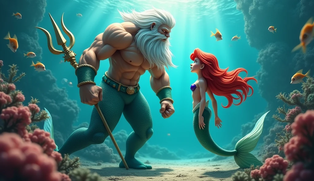 King Triton with an upset expression on his mermaid daughter Ariel