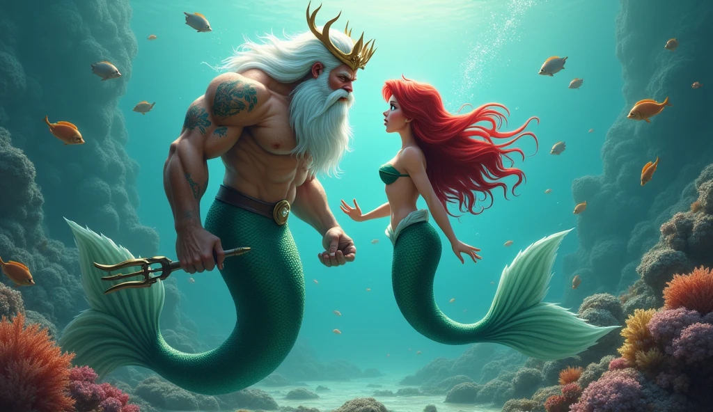 King Triton with an upset expression on his mermaid daughter Ariel