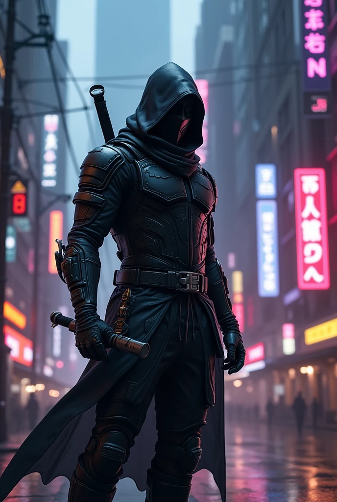 A man wear ninja armour suit  stend in cyberpunk in night 
