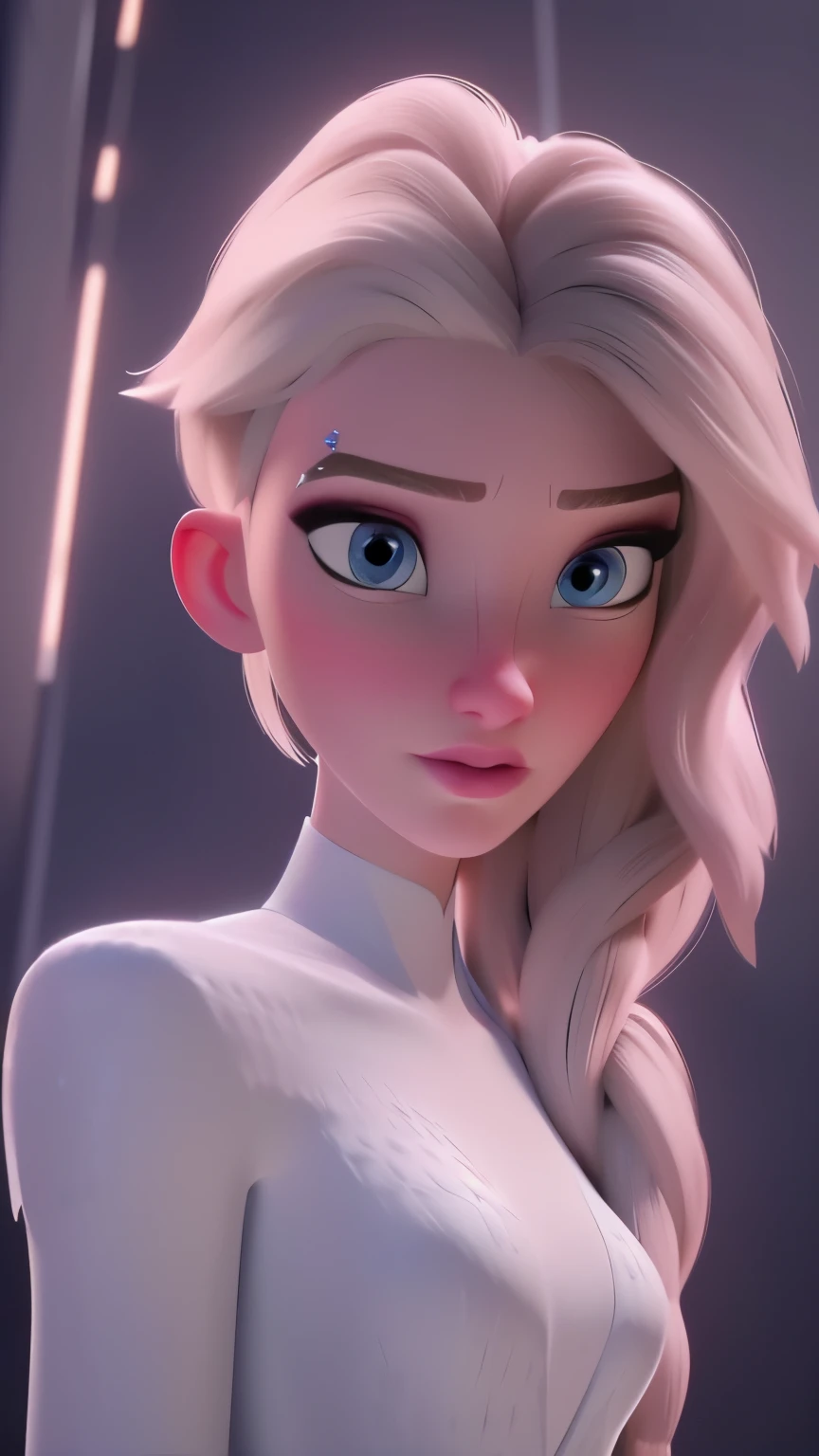 Elsa, (perky breasts), (((small breasts))), smirk:1.2, beautiful blue eyes, (perfect iris’s), depth of colour to her eyes, blonde hair, long hair, braid, full lips, blush, naked, she is showing her vagina, depth of field, bokeh, (special attention to skin detail: 1.2), masterpiece, best quality, ultra-detailed, ultra-HD, photorealistic, cinematic, ((mid camera shot)), sensual pose, alluring, nipples:1.4, looking up at camera, closeup on her face, her cheeks are blushed, 2, she is on her knees, eye contact:1.4, high angle:1.5, ((closeup on face)), perfect face, (((visible breasts))) bokeh everything other than her perfect face, location is Arendelle in winter, ice castle