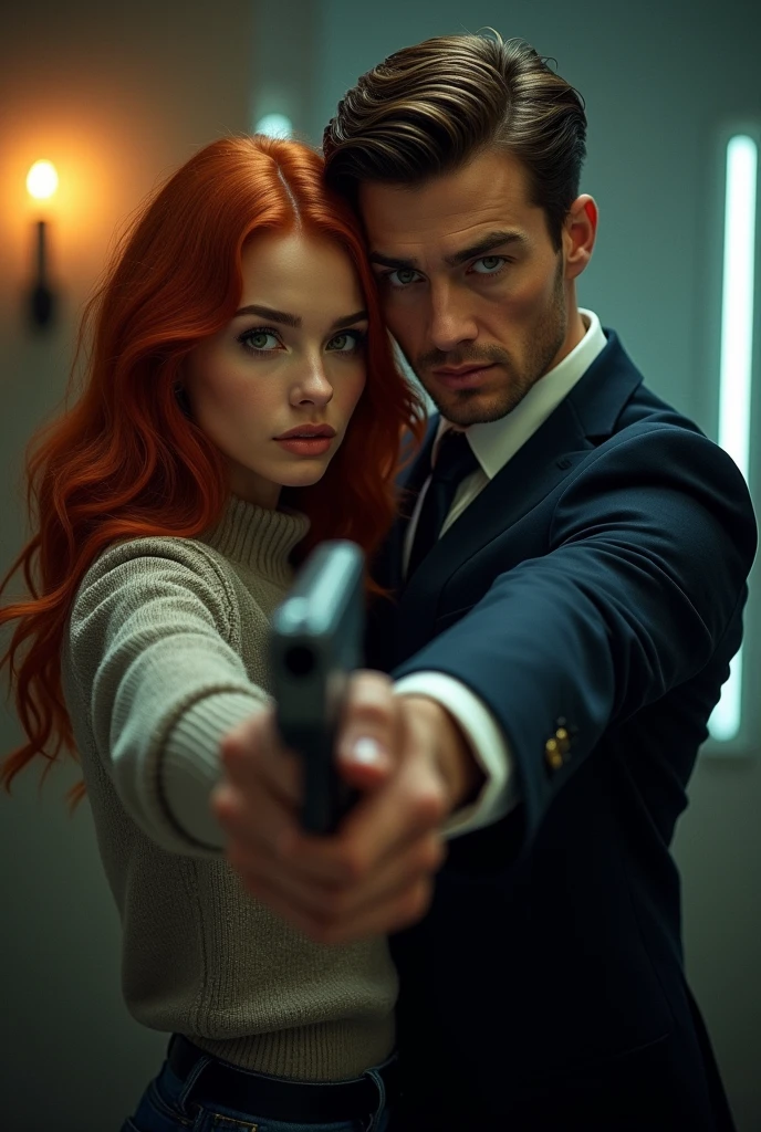 A young woman dressed in red and expensive sweater with black hair and green eyes holding a gun next to her brother in a suit with brown hair and brown eyes holding a gun 