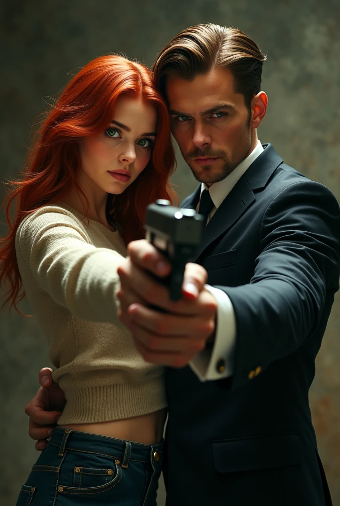 A young woman dressed in red and expensive sweater with black hair and green eyes holding a gun next to her brother in a suit with brown hair and brown eyes holding a gun