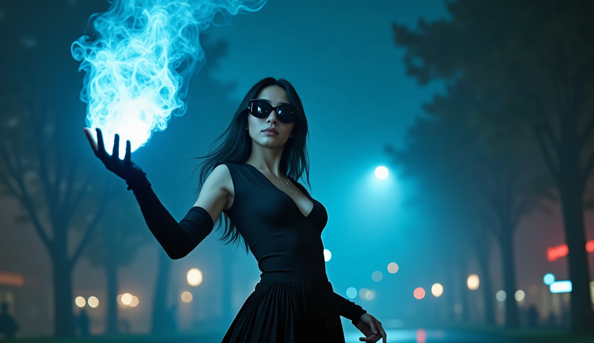 A young modern woman with a glowing floating small crystal stone, facing and defeating dark forces and beings. She stands with her right hand raised forward with a blue fire of light, at night, (1girl, solo, alone), photorealistic, large-breast slim:0.6 body, oval:0.5 face, cleavage:1.1, very low angle view of pleated miniskirt, deep-v, (upskirt), glove, (Matrix style black micro sunglasses), dynamic running pose, (half-body thigh level close-up shot), cinematic lighting, ray tracing, motion blur background.
