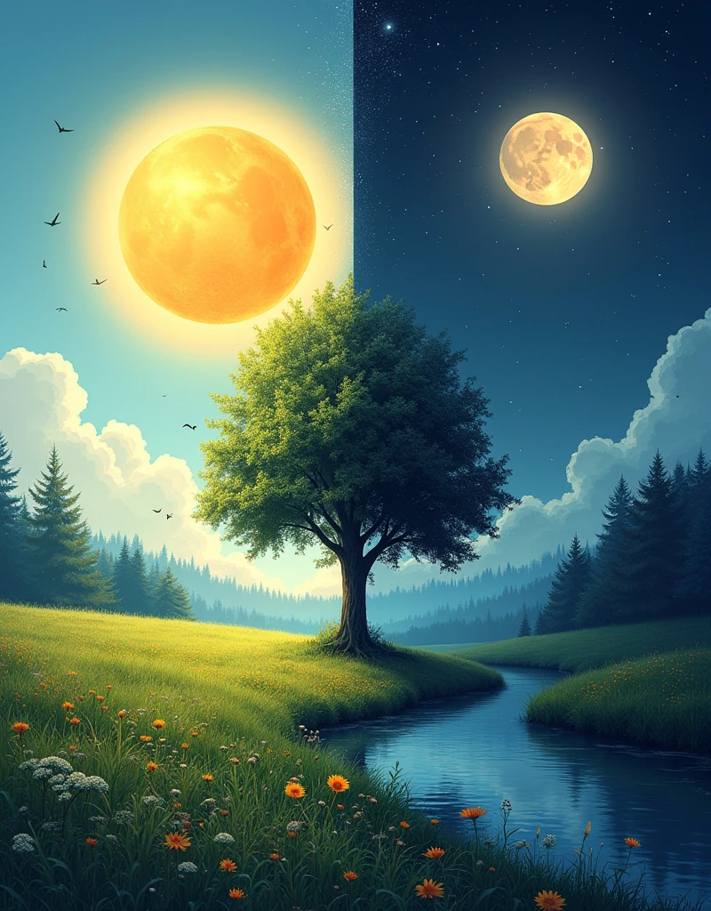 Create a poster titled &quot;The Duality of Nature&quot;，The poster is divided into two distinct panels：Left Panel：&quot;Daytime&quot; background：Gradient from light blue at the top to soft blue at the bottom。image：A huge、Bright Sun；A lush green meadow，Dotted with wild flowers；a tall tree，Bright leaves；Birds in flight；A gentle, sparkling stream。letter：&quot;Daytime&quot; with elegant、流畅的金色Font位于顶部；There is a quote at the bottom，“Light awakens life”，Use smaller italic text。Right panel：Night background：Gradient from deep indigo at the top to soft dark purple at the bottom。image：A glowing full moon；Darkness、Un bosque tranquilo，Trees cast shadows；Left Panel中同一棵树，Now it&#39;s bald；Bats flying over the moon；a calm、Reflection Lake；Twinkling stars and faint Milky Way band。letter：&quot;Night&quot; in bold、衬线Font位于顶部，The color is silvery-white；There is a quote at the bottom，“Darkness reveals the unknown”，Use smaller italic text。Overall design：Divider：A thin vertical line extends down from the center，Gradient from gold on the left to silver on the right。balance：The two panels echo each other in composition，Focus on trees and natural elements。Font：白天的Font优雅流畅，夜晚的Font大胆神秘。​