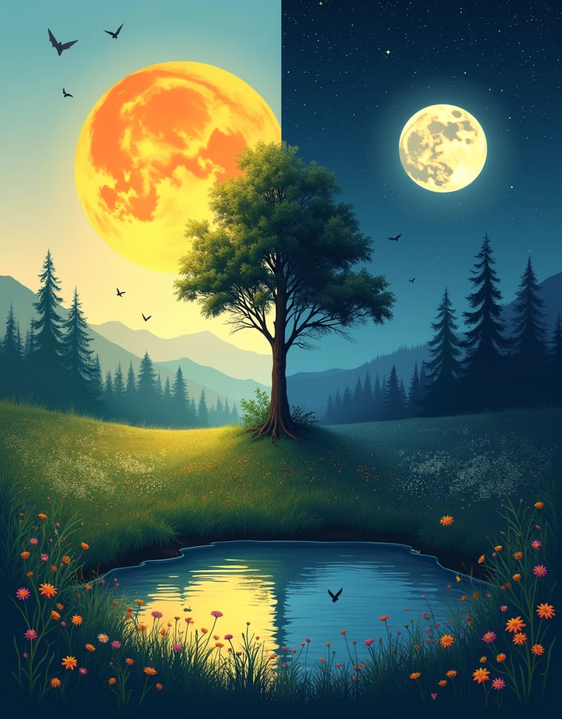 Create a poster titled &quot;The Duality of Nature&quot;，The poster is divided into two distinct panels：Left Panel：&quot;Daytime&quot; background：Gradient from light blue at the top to soft blue at the bottom。image：A huge、Bright Sun；A lush green meadow，Dotted with wild flowers；a tall tree，Bright leaves；Birds in flight；A gentle, sparkling stream。letter：&quot;Daytime&quot; with elegant、流畅的金色Font位于顶部；There is a quote at the bottom，“Light awakens life”，Use smaller italic text。Right panel：Night background：Gradient from deep indigo at the top to soft dark purple at the bottom。image：A glowing full moon；Darkness、Un bosque tranquilo，Trees cast shadows；Left Panel中同一棵树，Now it&#39;s bald；Bats flying over the moon；a calm、Reflection Lake；Twinkling stars and faint Milky Way band。letter：&quot;Night&quot; in bold、衬线Font位于顶部，The color is silvery-white；There is a quote at the bottom，“Darkness reveals the unknown”，Use smaller italic text。Overall design：Divider：A thin vertical line extends down from the center，Gradient from gold on the left to silver on the right。balance：The two panels echo each other in composition，Focus on trees and natural elements。Font：白天的Font优雅流畅，夜晚的Font大胆神秘。​