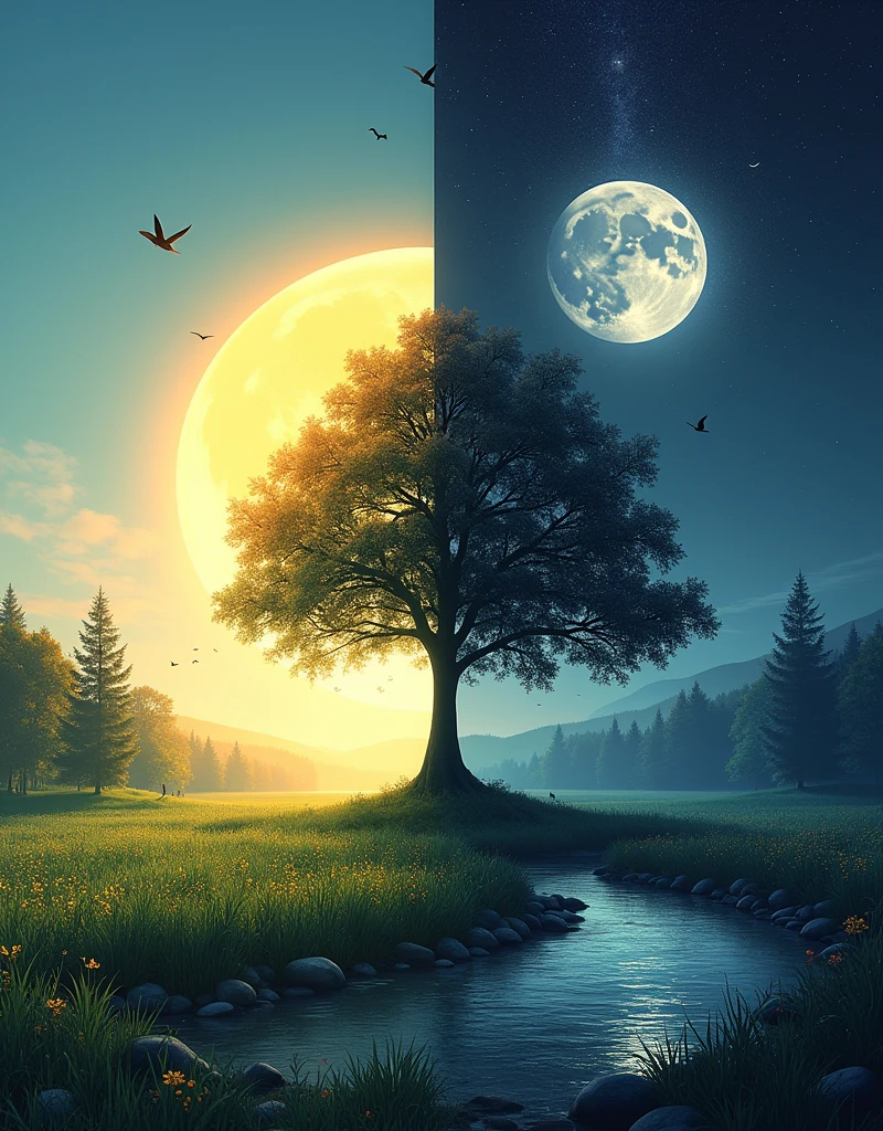 Create a poster titled &quot;The Duality of Nature&quot;，The poster is divided into two distinct panels：Left Panel：&quot;Daytime&quot; background：Gradient from light blue at the top to soft blue at the bottom。image：A huge、Bright Sun；A lush green meadow，Dotted with wild flowers；a tall tree，Bright leaves；Birds in flight；A gentle, sparkling stream。letter：&quot;Daytime&quot; with elegant、流畅的金色Font位于顶部；There is a quote at the bottom，“Light awakens life”，Use smaller italic text。Right panel：Night background：Gradient from deep indigo at the top to soft dark purple at the bottom。image：A glowing full moon；Darkness、Un bosque tranquilo，Trees cast shadows；Left Panel中同一棵树，Now it&#39;s bald；Bats flying over the moon；a calm、Reflection Lake；Twinkling stars and faint Milky Way band。letter：&quot;Night&quot; in bold、衬线Font位于顶部，The color is silvery-white；There is a quote at the bottom，“Darkness reveals the unknown”，Use smaller italic text。Overall design：Divider：A thin vertical line extends down from the center，Gradient from gold on the left to silver on the right。balance：The two panels echo each other in composition，Focus on trees and natural elements。Font：白天的Font优雅流畅，夜晚的Font大胆神秘。​