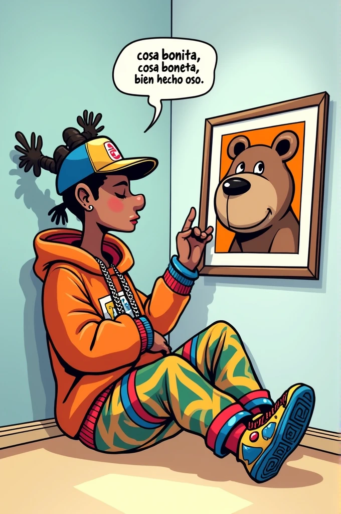 Create an image where a character appears in a cartoon style (rapper style dress) almost on his back, looking at an art painting (The box will literally have the measurements of a square) the character in text will say nice thing, beautiful thing, well done bear IN SPANISH