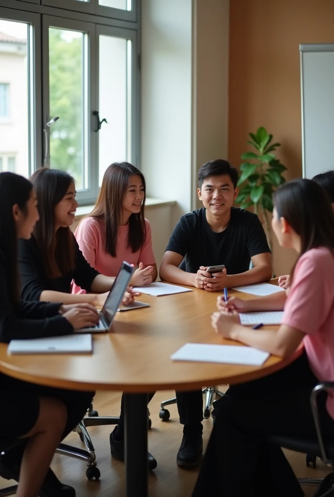 7 Filipino women and 1 man educators in a round table attending a conference where 3 women wearing black coat, the two of them wearing pink dress, the man is wearing black t-shirt holding phone, one of the women working on her laptop