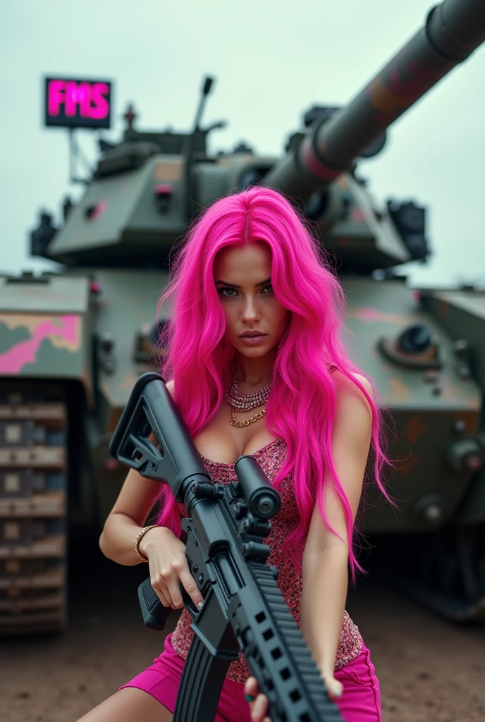 1 with an exuberant beauty, longye hair, bright pink wavy hair, with a rifle in his hand and looking at the viewer with piercing eyes. in the background there is a huge war tank with tracked wheels and some pink details, the tank has a light sign that says “FMS”