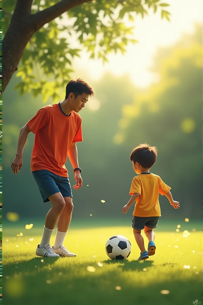 Père asiatique qui apprend le football à son fils dans le jardin