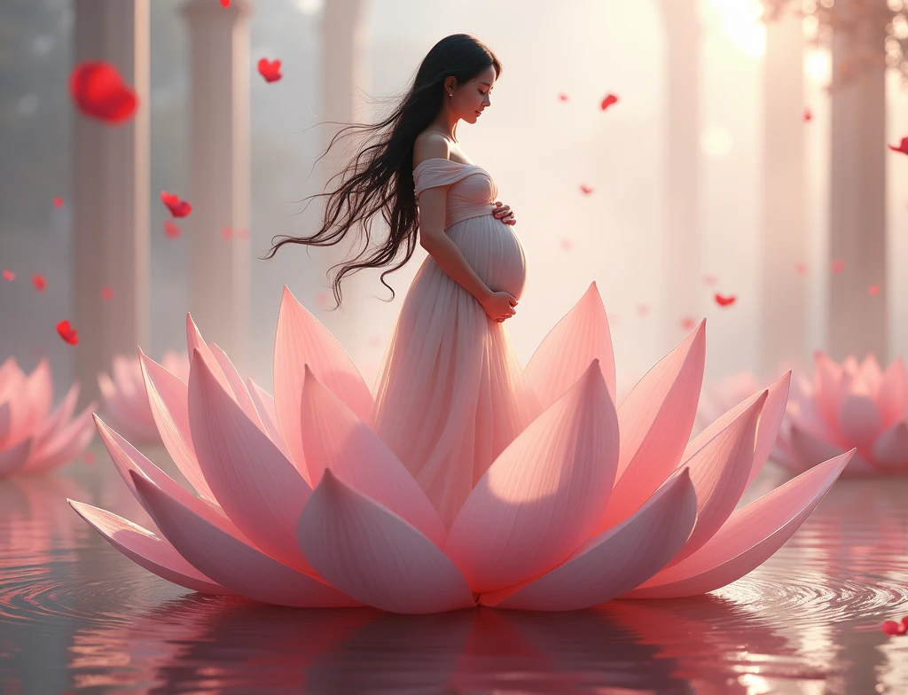 full length, black hair pregnant , woman watching in camera , full body font pose , both hand on belly ,red dress , Beautiful face, dress made of red rose petals, Light pink and light white tones, Esbian Full Body, beautiful backgrouond , daylight, Efeito de Luz, Minimalistic, Solar, pure tenderness, soft lighting, Realism. beautiful woman stand on a super giant lotus with double and long petals (petals made of thin, soft transparent,streaming, fabrics, full background of flowing petals, floating flower, super flying petals, Smoke effect, Fog, some water reflationary mixed with petals), lotus dress, ((ss-through)) full length.