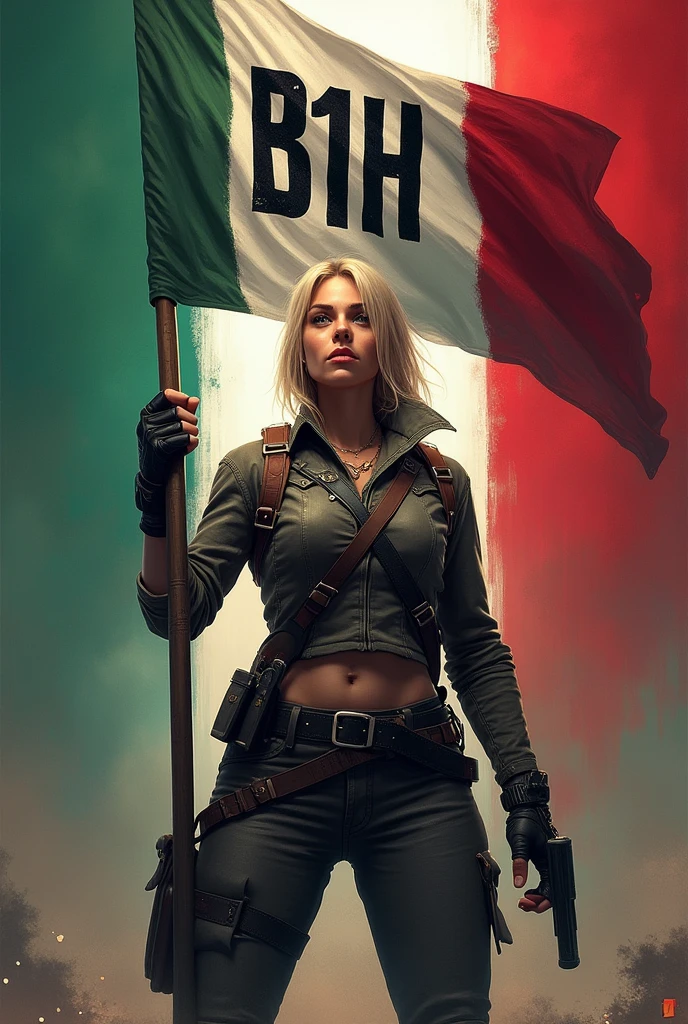 Create an image of the game character Last War survival , of the character Elsa, with a flag in hand , inside the flag the letters " B 1 h " , in the background the Mexican flag