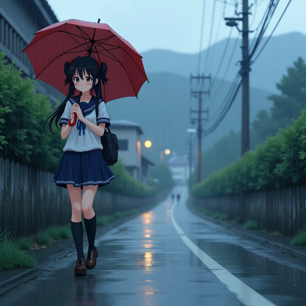 Anime Style, A girl walking down a hill, Walking along the side of the road, Holding an umbrella, Confused expression, Very heavy rain, The girl is partly wet from the rain, 
water droplets on the umbrella, flowing water on the umbrella.
Uphill, Steep Slope, Slope 45 degrees, steep hill, very sloped road, very sloping ground.
The girl is wearing a white sailor suit with short sleeves and a navy collar, with a blue ribbon., Wearing a navy blue skirt, 
Wearing black high socks, Wearing loafers.
Her hair style is low twin tails, with red ribbons, very long length and black.
Not high twin tails.
Not two-side up.
Black School Bag,
Late teens, Small breasts, Has dark brown eyes.
Open red umbrella,
splashing water, raindrops,
puddle, Sidewalk, pavement, Japan roads, Hilly Town, building, Apartment, Electric pole, electric wire, Street lamp, Mountain, Mountainの裾野, sky,
Thick Fog, Outdoor, evening, from front.