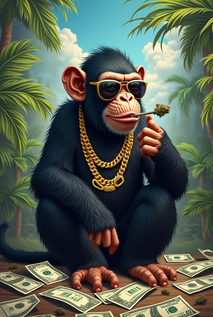 Create an image for me of a skinny monkey smoking marijuana with lots of bills and palms, gold chains and eyes almost closed