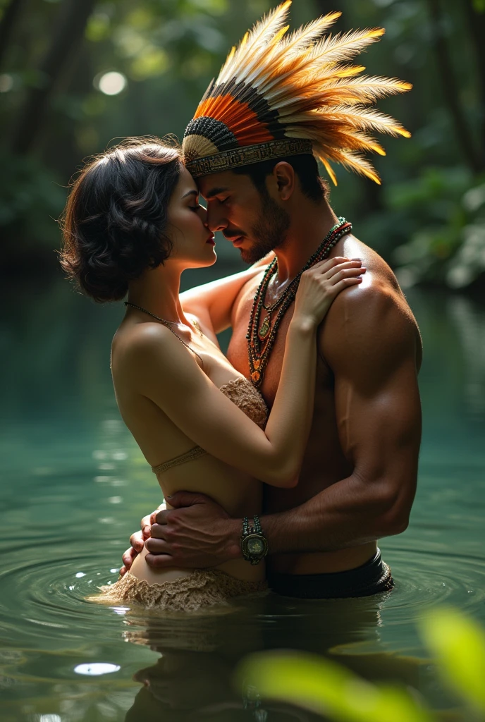 Indian man with feathers on his head naked having sex with a woman actress from the twenties with short hair naked in a lake 