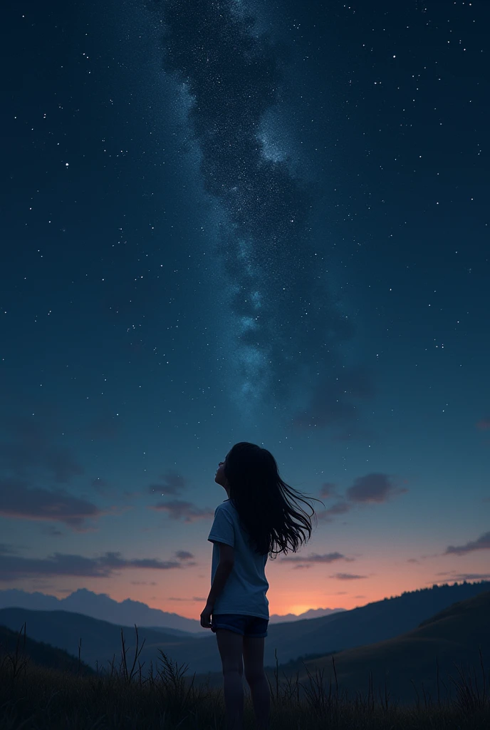A latina girl from behind, watching the sky at night full of stars