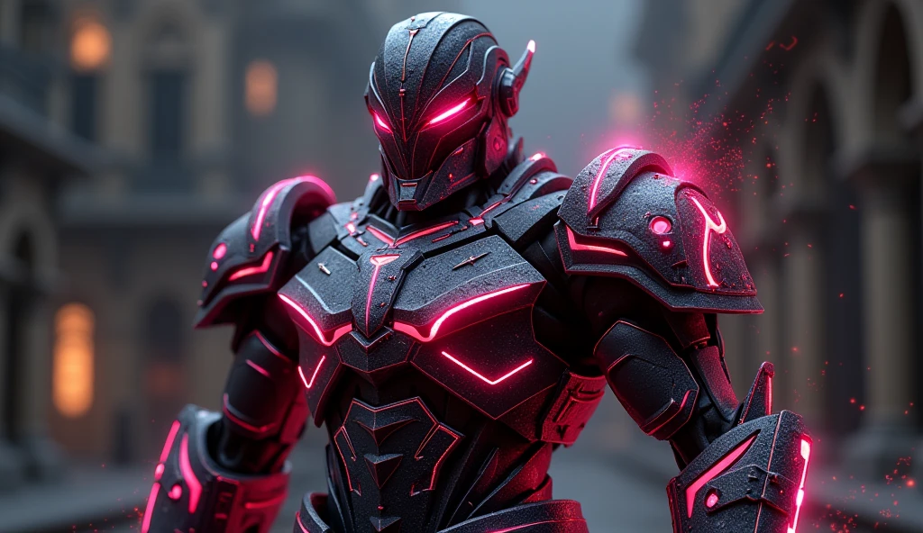 A heavily reinforced suit of battle armor designed to channel and enhance wielder's Hell Fire magic. The armor has built-in flame projectors and a heat shield, allowing him to unleash torrents of infernal fire while remaining protected from counterattacks. The armor glows with an ominous red light when fully activated, symbolizing his mastery over Hell Fire. Matte black with pink accents. 3D Rendering, Super Detailed, Textured Skin, High Resolution, High Quality, 