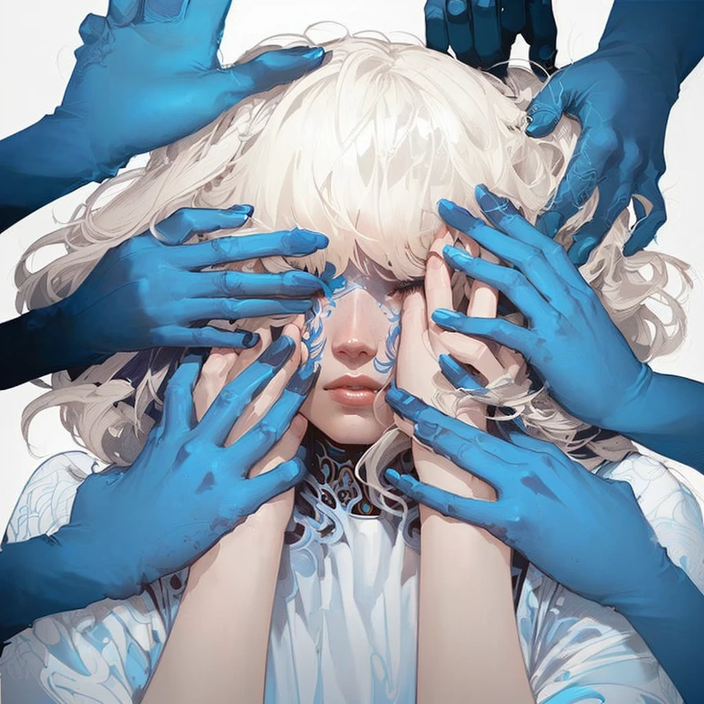 a woman with blue hands covering her face and hands, james jean and wlop, by James Jean, by james jean, beeple and james jean, james jean marc, james jean!, james jean!!!, james jean art, beautiful illustration, laurie greasley and james jean, james jean artwork, cold colors. insanely detailed, by Santiago Martínez Delgado