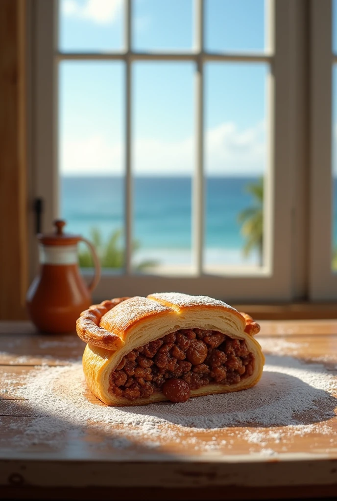 inside a bakery store, a slice of scotch pie, on top of a wooden table, looking out to sea.
