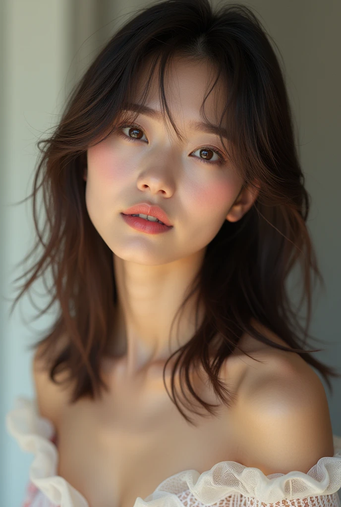 tmasterpiece, Best Picture Quality, high qulity, Beutiful women, japanes, Detailed pubic hair, Detailed eyes, Delicate skin, Beautiful skins, 超A high resolution, (Realistic: 1.4),It's beautiful, The face is slightly younger, Beautiful skins, Elongated, (ultra real photo), (A high resolution), (8k), (The is very detailed) (Beautiful detailed eyes), (Super detailed), tee shirt, trouser, (Wallpapers), (Detailed pubic hair脸), view the viewer, finely detailled, Detailed pubic hair脸, Smiling, Staring straight ahead, Staring straight ahead, From the angle of waist up, photorealistic photos, Bright lights, profesional lighting, Mature woman, Brown hair, Shoulder-length straight hair swaying in the wind, long stylish bangs,