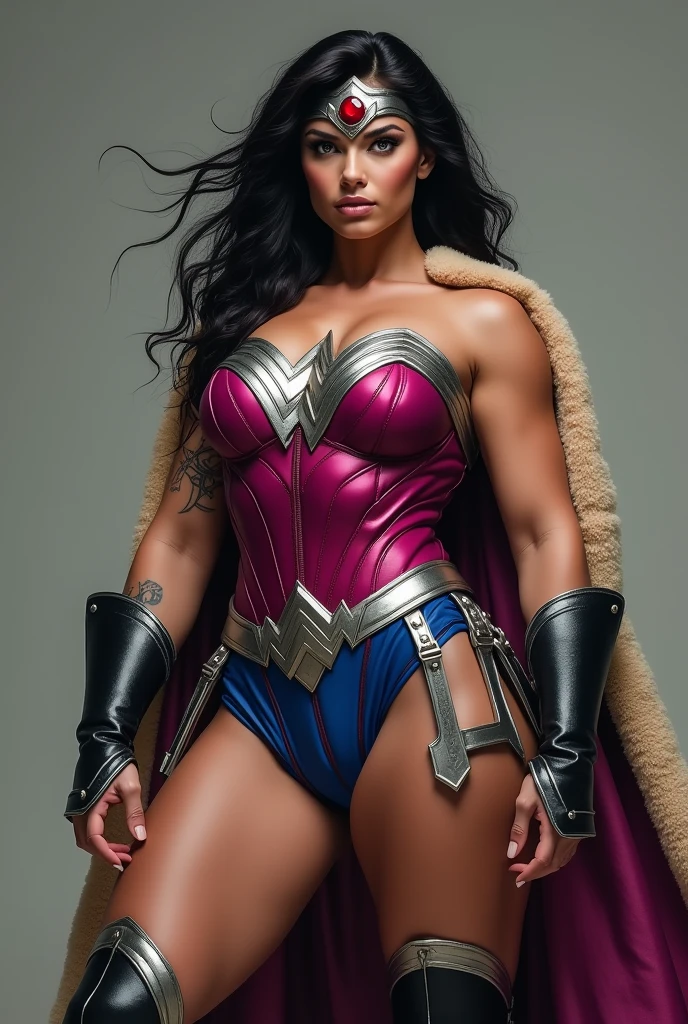 (((In extreme close-up a beautiful woman with a thick build and muscles in her arms and legs))),(((Wearing a fuchsia leather jumpsuit))),(((Giant silver Wonder Woman emblem on her bust))),(((Large long metal bracelets in black))),(((Black metal boots))),(((Wide and thick silver-colored metal diaema on her forehead))),(((With a large red star-shaped jewel))),(((Giant Broad-Brimmed Sword))),(((Tattoos on one of his arms))),(((Beige sheepskin cape))),(((Sheepskin on his shoulders))),(((Wonder Woman skirt over the jumpsuit )))