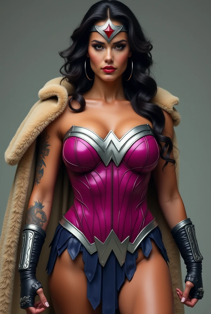 (((In extreme close-up a beautiful woman with a thick build and muscles in her arms and legs))),(((Wearing a fuchsia leather jumpsuit))),(((Giant silver Wonder Woman emblem on her bust))),(((Large long metal bracelets in black))),(((Black metal boots))),(((Wide and thick silver-colored metal diaema on her forehead))),(((With a large red star-shaped jewel))),(((Giant Broad-Brimmed Sword))),(((Tattoos on one of his arms))),(((Beige sheepskin cape))),(((Sheepskin on his shoulders))),(((Wonder Woman skirt over the jumpsuit )))