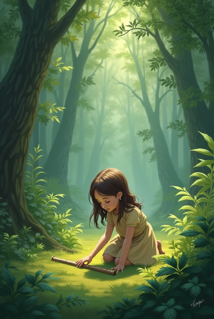 2d illustration of a kneeling girl finding a flute in the forest