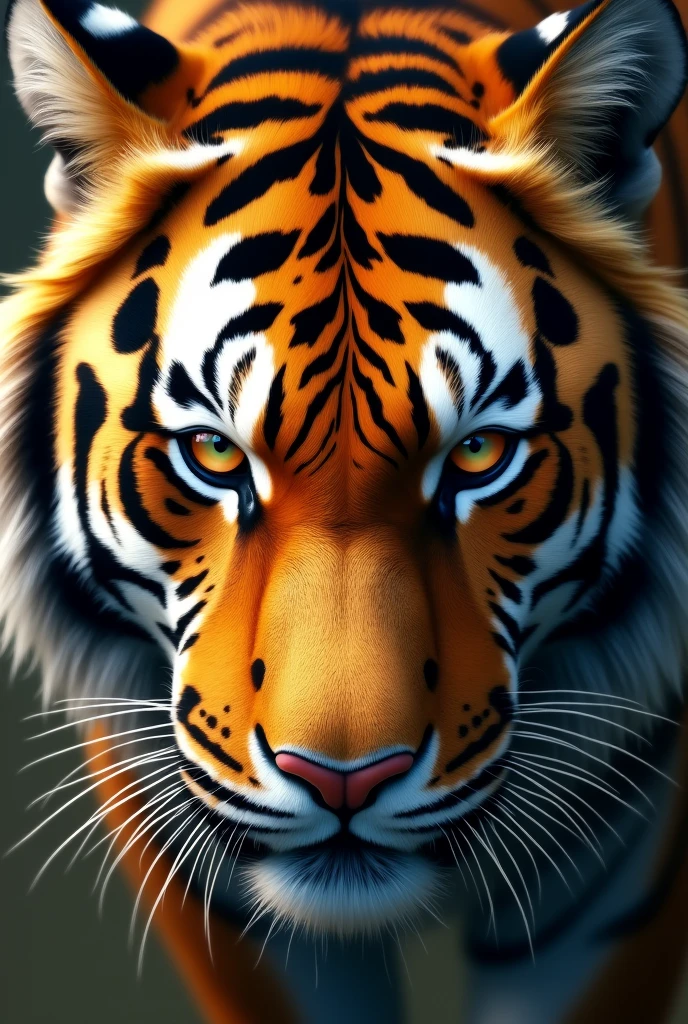 A close-up image of a tiger's face, where the tiger stares directly into the viewer's eyes with a serious and firm expression. The tiger's fur is golden and shines like gold. The background emphasizing the tiger. The ART style is semi-realistic . The image should not contain any words or numbers.