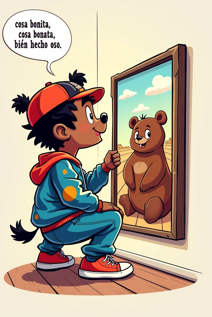 Create an image where a character appears in a cartoon style (rapper style dress) almost on his back, looking at an art painting (The box will literally have the measurements of a square) the character in text will say nice thing, beautiful thing, well done bear IN SPANISH